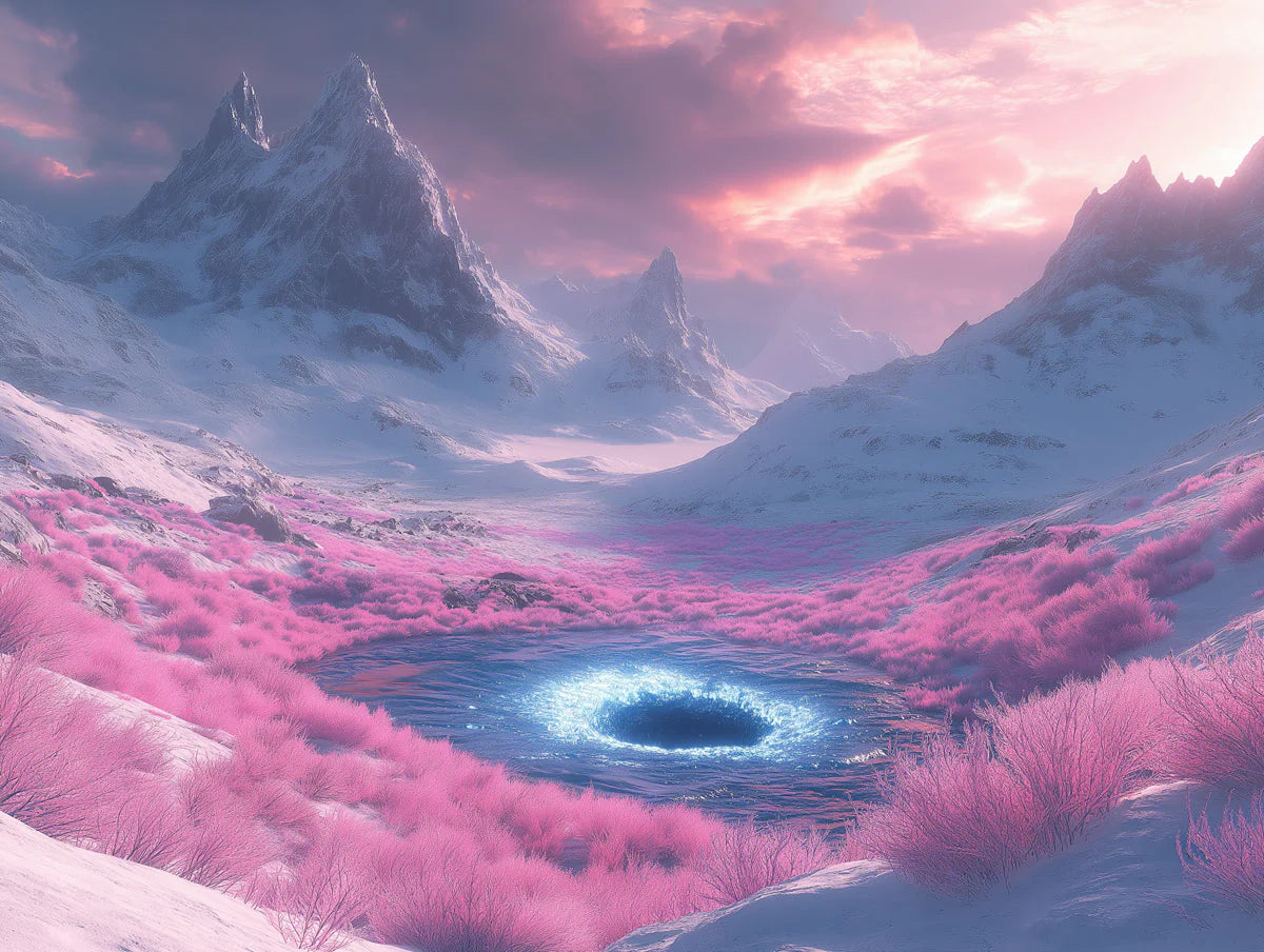 Ethereal Alpine Mountainscape Mural Wallpaper in Soft Pink Mural Wallpaper - room preview 02