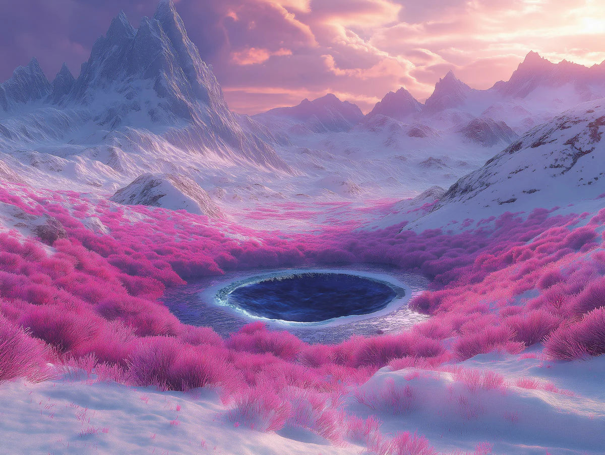 Magenta Alpine Valley Mural Wallpaper — Dreamy Mountain Landscape Mural Wallpaper - room preview 02