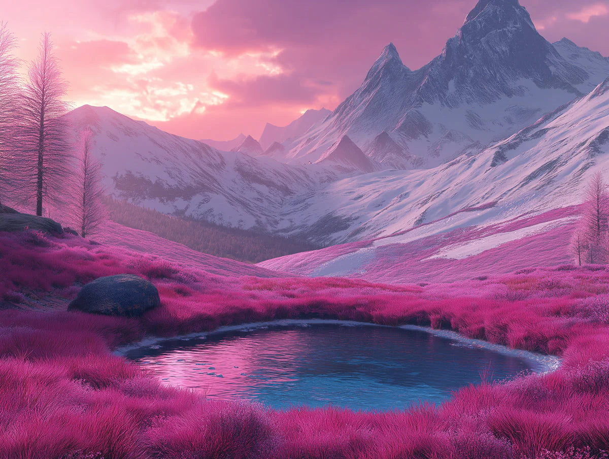 Alpine Sunset Landscape Mural Wallpaper in Magenta and White Mural Wallpaper - room preview 02