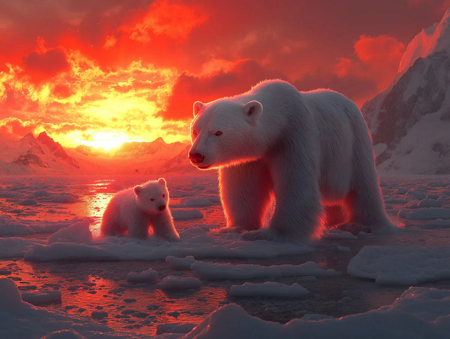 Papier peint mural famille d'ours polaires de l'Arctique — Papier peint mural paysage au coucher du soleil printable artwork