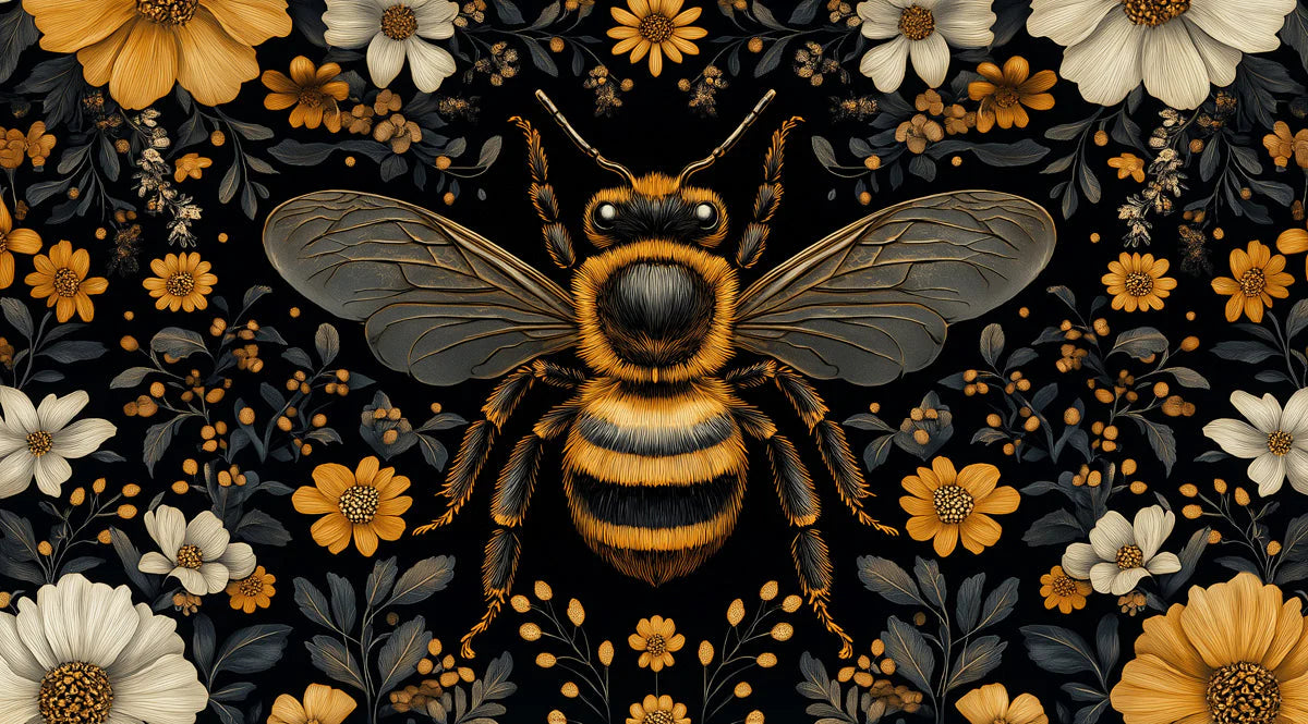 Golden Honeybee and Floral Garden Mural Wallpaper - room preview 02
