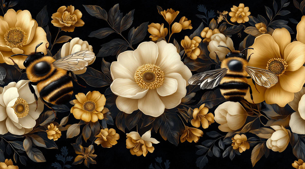 Golden Bee and Floral Meadow Mural Wallpaper — Dark Botanical Mural Wallpaper - room preview 02