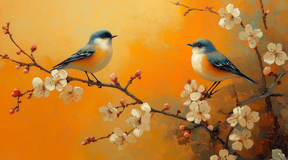Songbirds and Spring Blossom Mural Wallpaper — Artistic Floral Mural Wallpaper - room preview 02