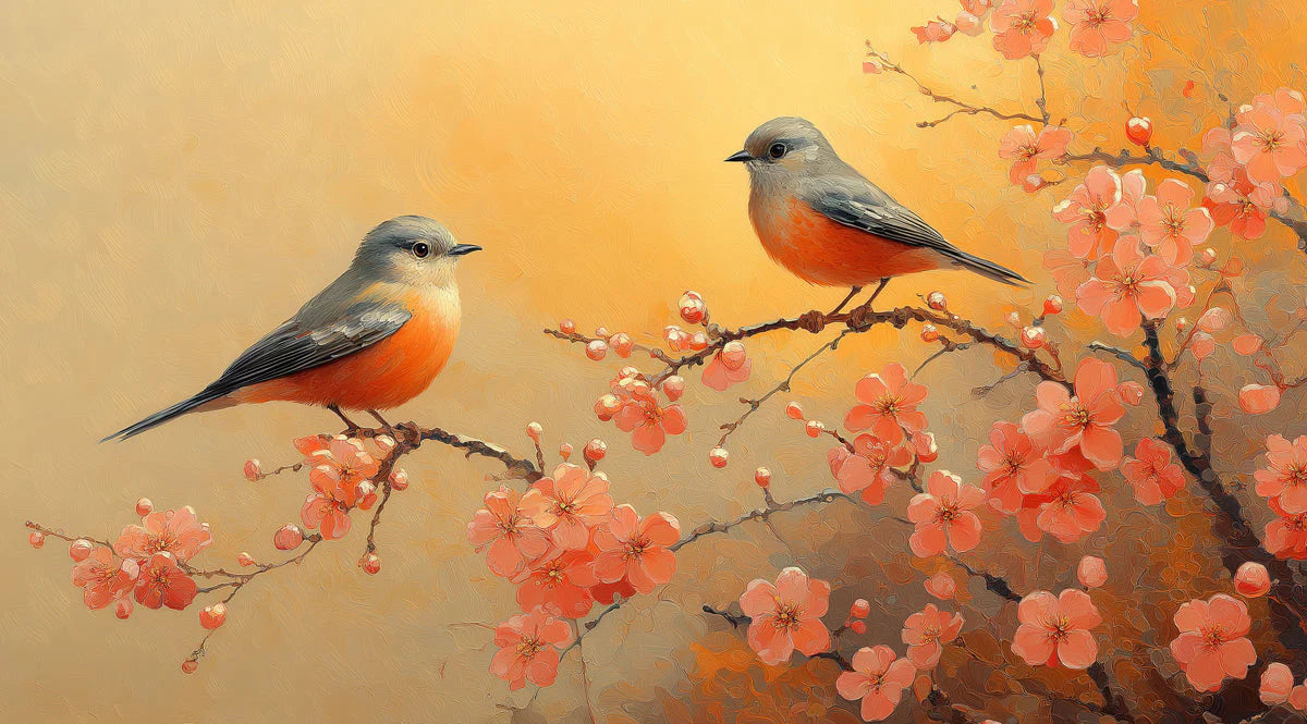 Songbirds and Peach Blossoms Mural Wallpaper — Painterly Warmth Mural Wallpaper - room preview 02