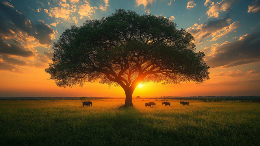 Papier Peint Mural Coucher de Soleil dans la Savane Africaine pour Grands Espaces Muraux printable artwork