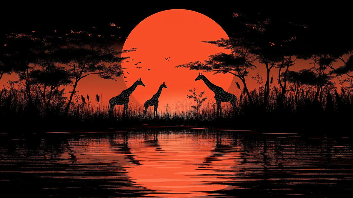 African Savannah Sunset Giraffe Mural Wallpaper — Bold Silhouette Mural Wallpaper - room preview 02