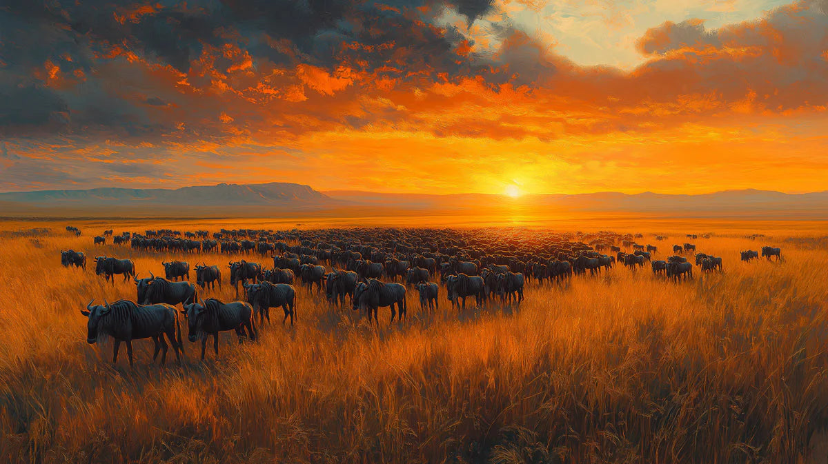 African Savannah Wildebeest Sunset Mural Wallpaper - room preview 02