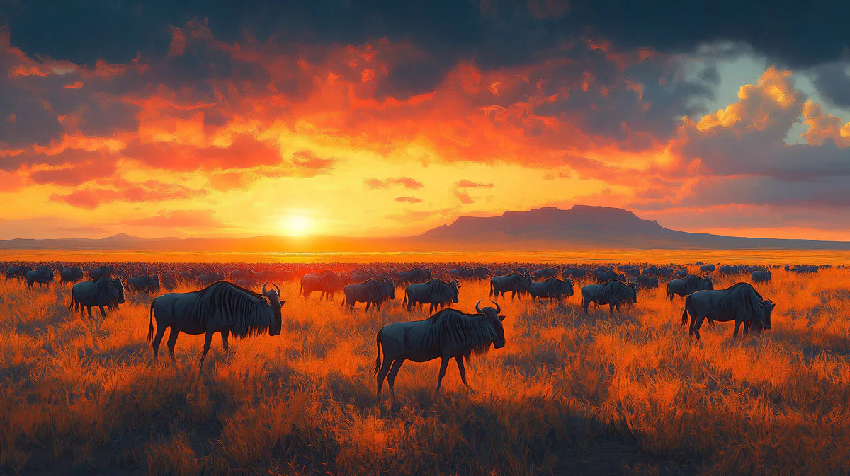 Wildebeest Savannah Sunset Mural Wallpaper — Impressionistic Scene Mural Wallpaper - room preview 02