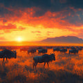 Wildebeest Savannah Sunset Mural Wallpaper — Impressionistic Scene Mural Wallpaper - room preview 02
