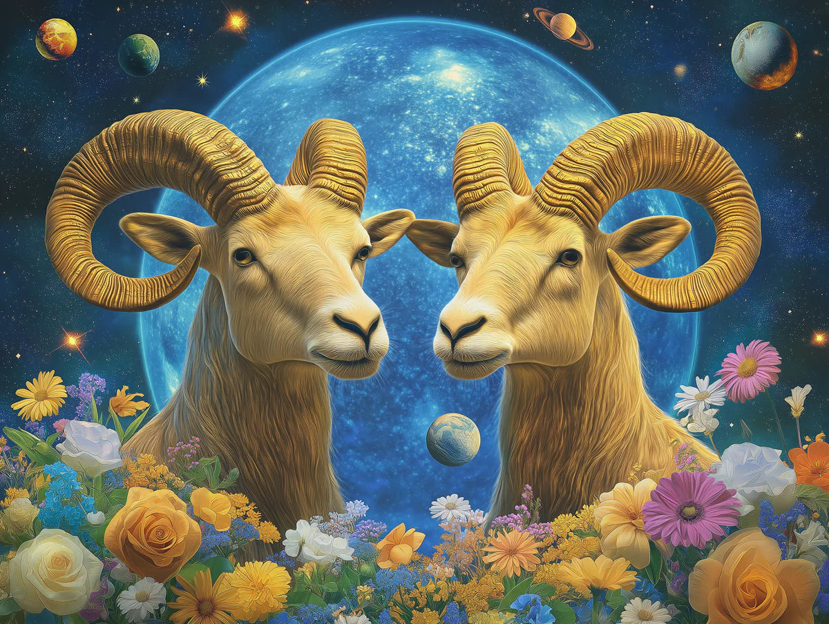 Aries Dual Ram Mural Wallpaper — Celestial Gold and Blue Decor Mural Wallpaper - room preview 02