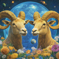 Aries Dual Ram Mural Wallpaper — Celestial Gold and Blue Decor Mural Wallpaper - room preview 02