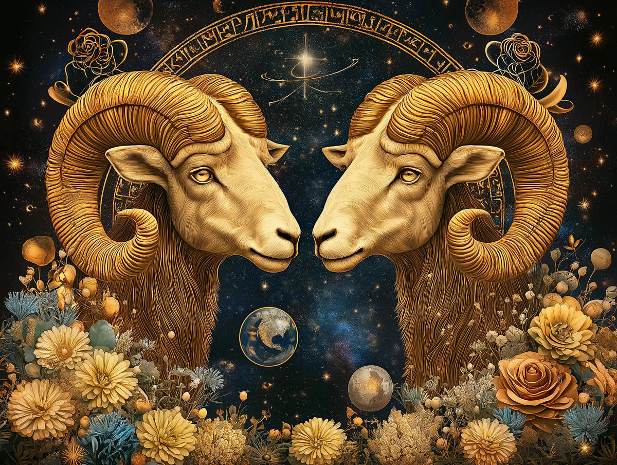 Aries Celestial Ram Mural Wallpaper — Gold and Navy Cosmic Art Mural Wallpaper - room preview 02
