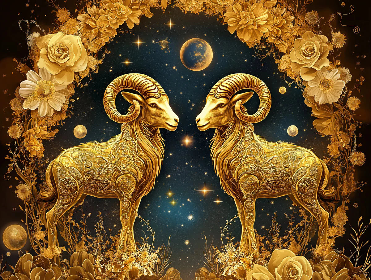 Celestial Ram Mural Wallpaper — Gold and Midnight Blue Design Mural Wallpaper - room preview 02
