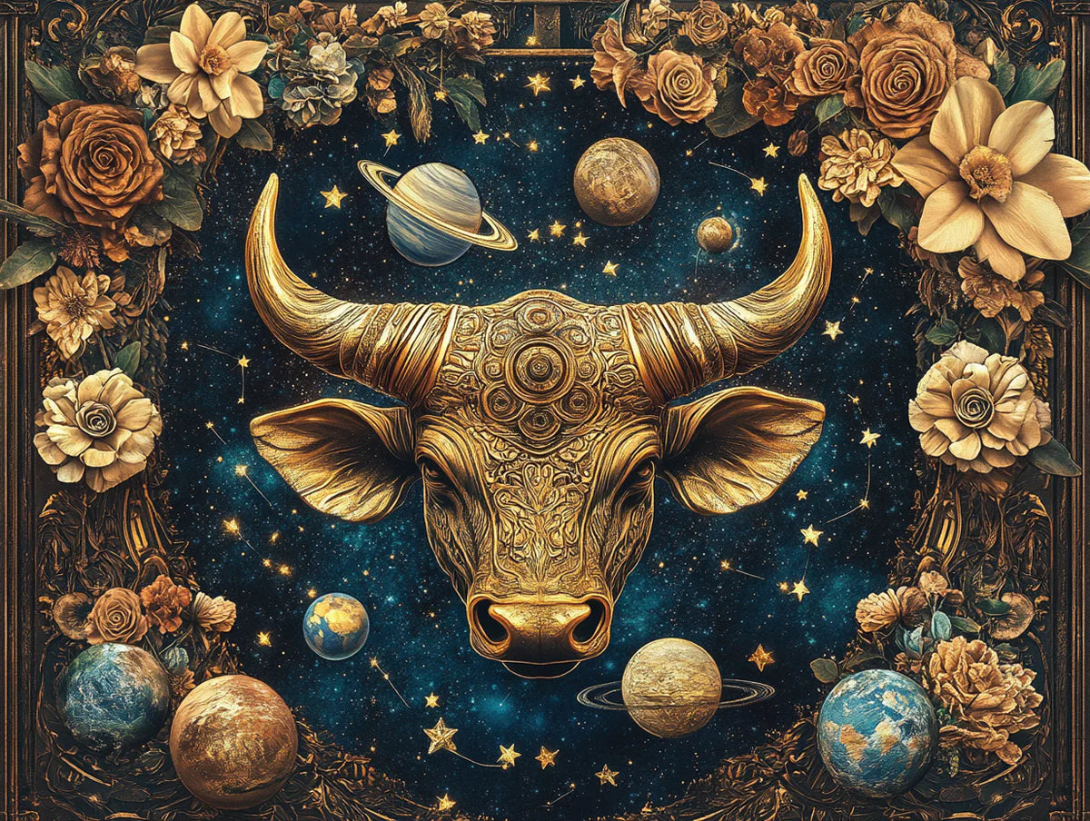 Golden Taurus Zodiac Mural Wallpaper — Cosmic Floral Motif Mural Wallpaper - room preview 02