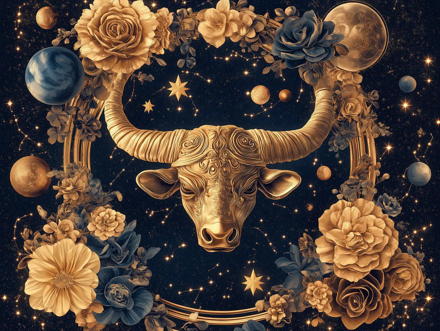 Celestial Wallpaper Mural – Stars & Moon Wall Mural – Taurus Zodiac — Celestial Gold and Midnight Blue printable artwork