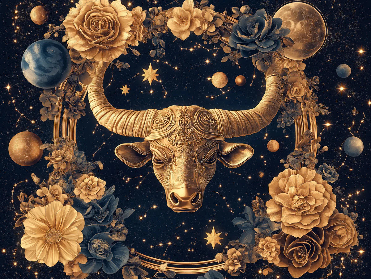 Taurus Zodiac Mural Wallpaper — Celestial Gold and Midnight Blue Mural Wallpaper - room preview 02