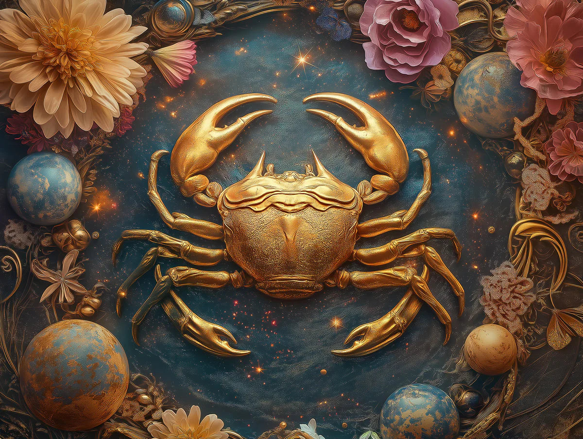Golden Cancer Zodiac Mural Wallpaper — Celestial Floral Art Mural Wallpaper - room preview 02