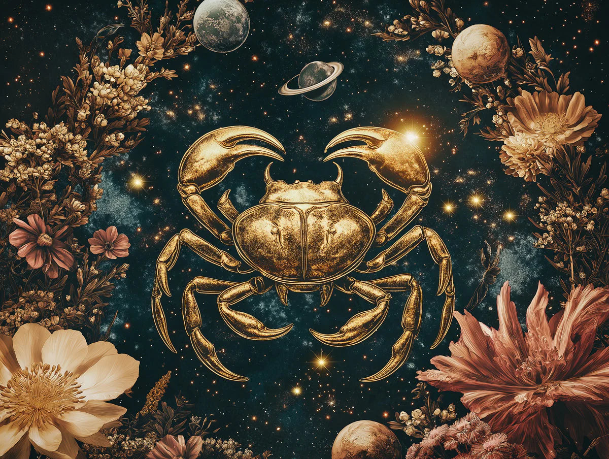 Golden Cancer Zodiac Celestial Mural Wallpaper — Dark Navy & Gold Mural Wallpaper - room preview 02