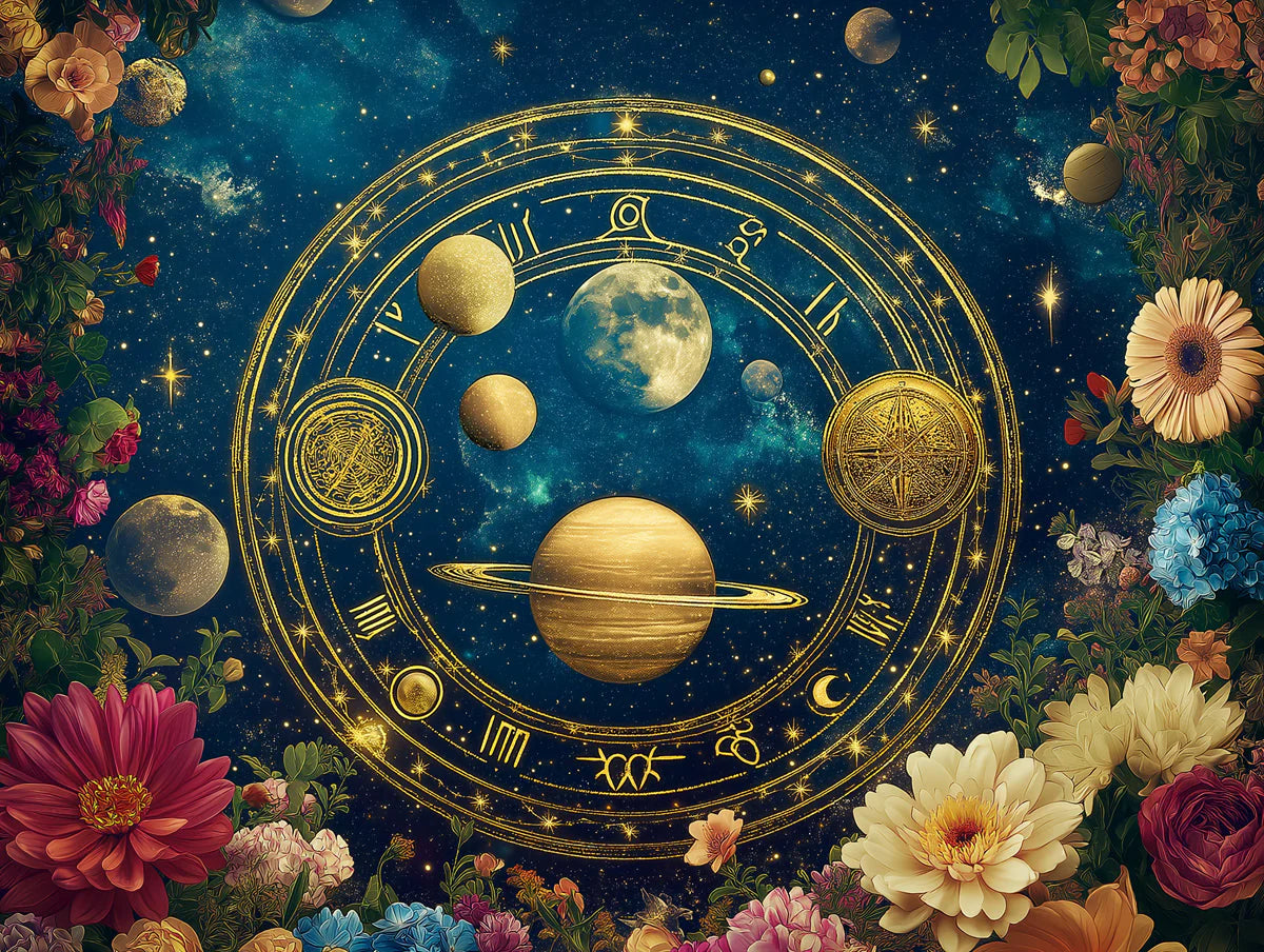 Celestial Zodiac Wheel Mural Wallpaper — Gold and Navy Floral Mural Wallpaper - room preview 02