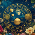 Celestial Zodiac Wheel Mural Wallpaper — Gold and Navy Floral Mural Wallpaper - room preview 02