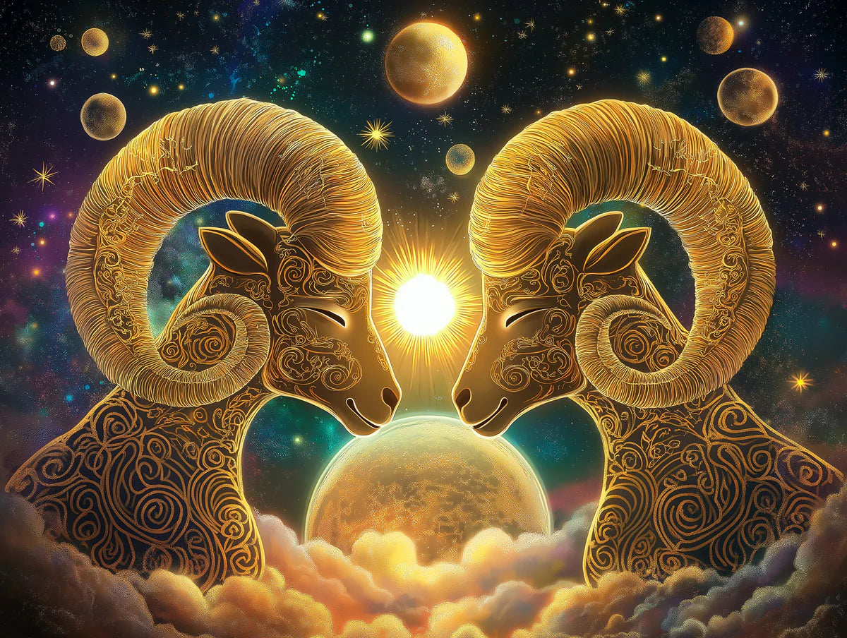 Aries Celestial Ram Mural Wallpaper — Cosmic Golden Illustration Mural Wallpaper - room preview 02