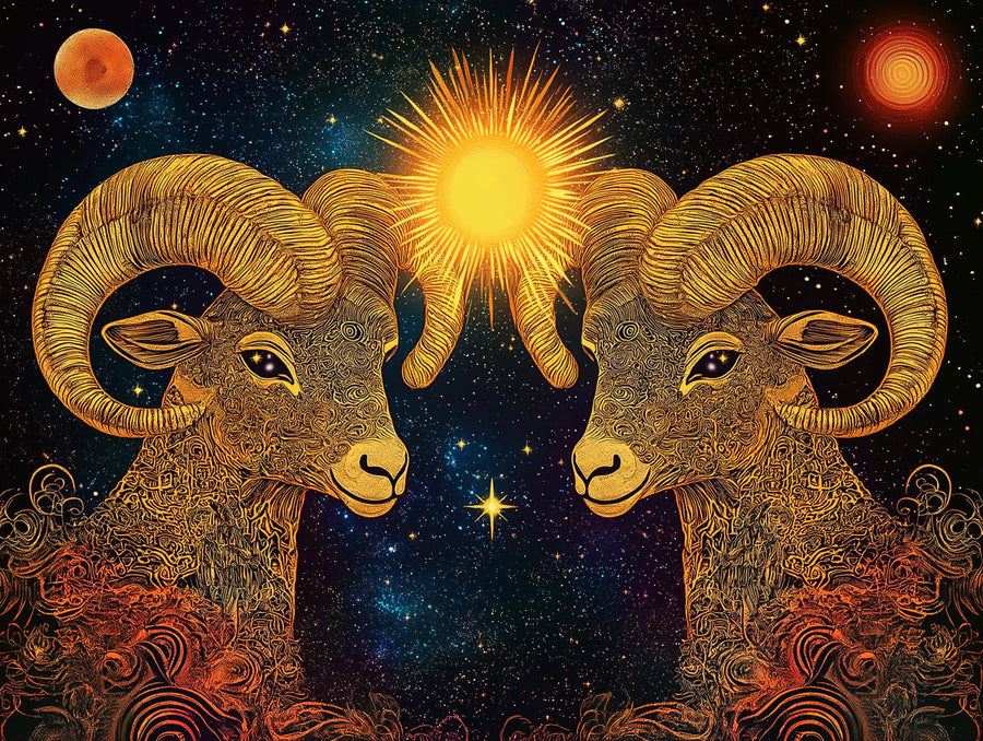 Aries-Tierkreis-Wandtapete — Kosmische Gold-Widder-Himmelkunst-Wandtapete printable artwork