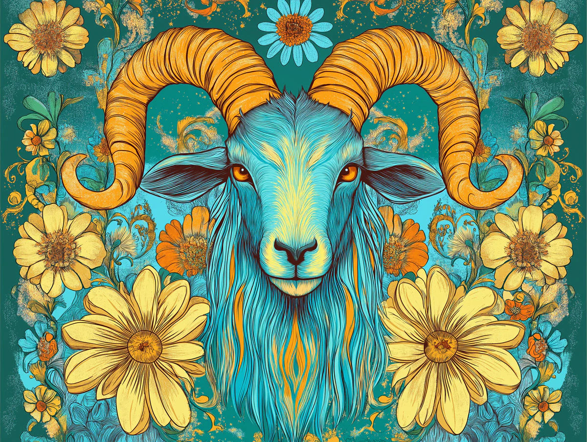 Aries Ram Floral Mural Wallpaper — Vibrant Artistic Motif Mural Wallpaper - room preview 02