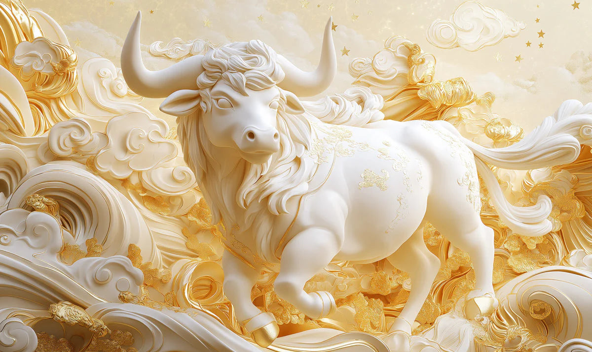 Taurus Celestial Bull Mural Wallpaper — Cream and Gold Motif Mural Wallpaper - room preview 02