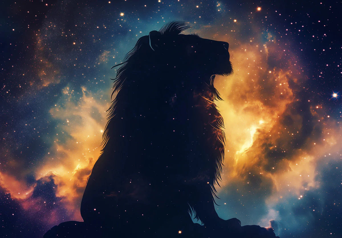 Leo Celestial Lion Mural Wallpaper — Cosmic Orange and Blue Mural Wallpaper - room preview 02