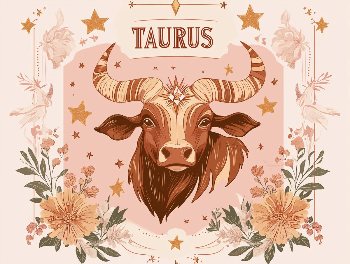 Taurus Zodiac Mural Wallpaper — Celestial Floral Bull Motif Mural Wallpaper - room preview 02