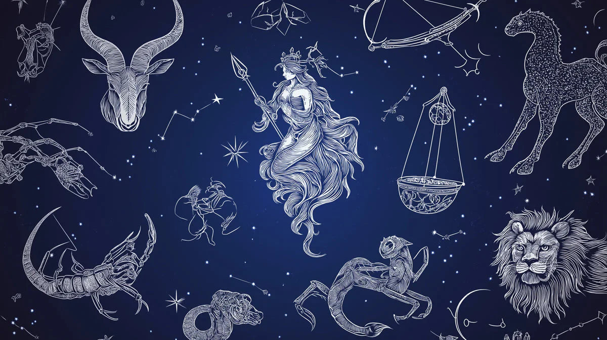 Celestial Zodiac Map Mural Wallpaper — Deep Midnight Blue Mural Wallpaper - room preview 02