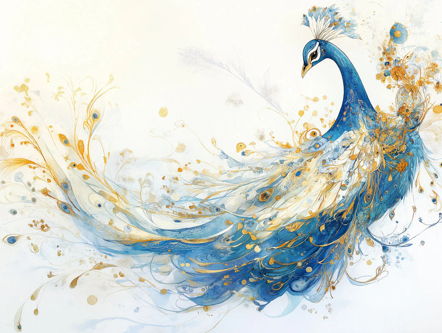 Peacock Wallpaper Mural – Bird Wall Mural – Gilded Peacock Feather — Fluid Artistic Design printable artwork