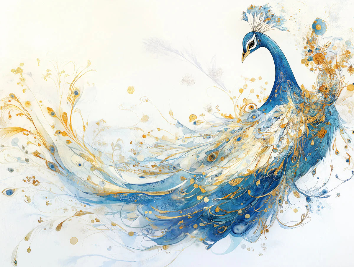 Gilded Peacock Feather Mural Wallpaper — Fluid Artistic Design Mural Wallpaper - room preview 02
