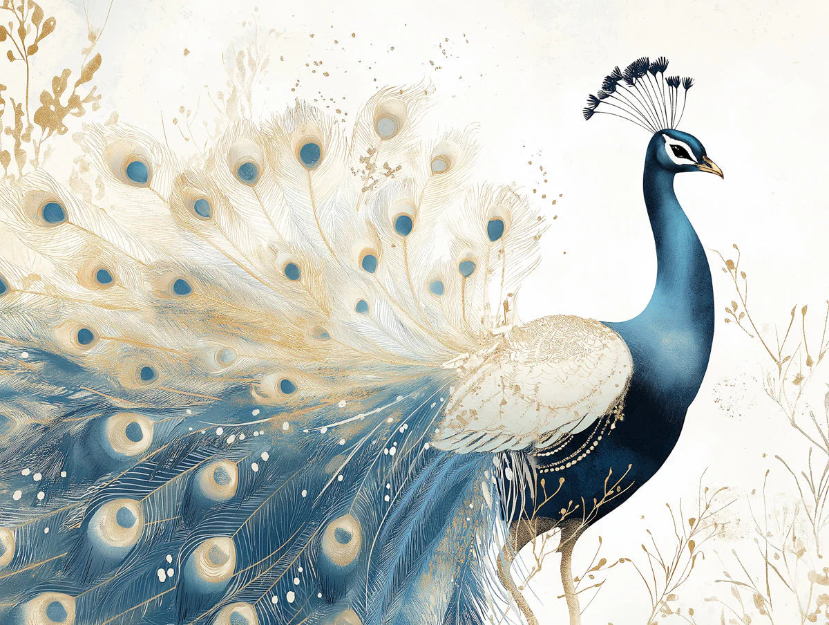 Peacock Feather Mural Wallpaper — Soft Gold and Blue Illustration Mural Wallpaper - room preview 02