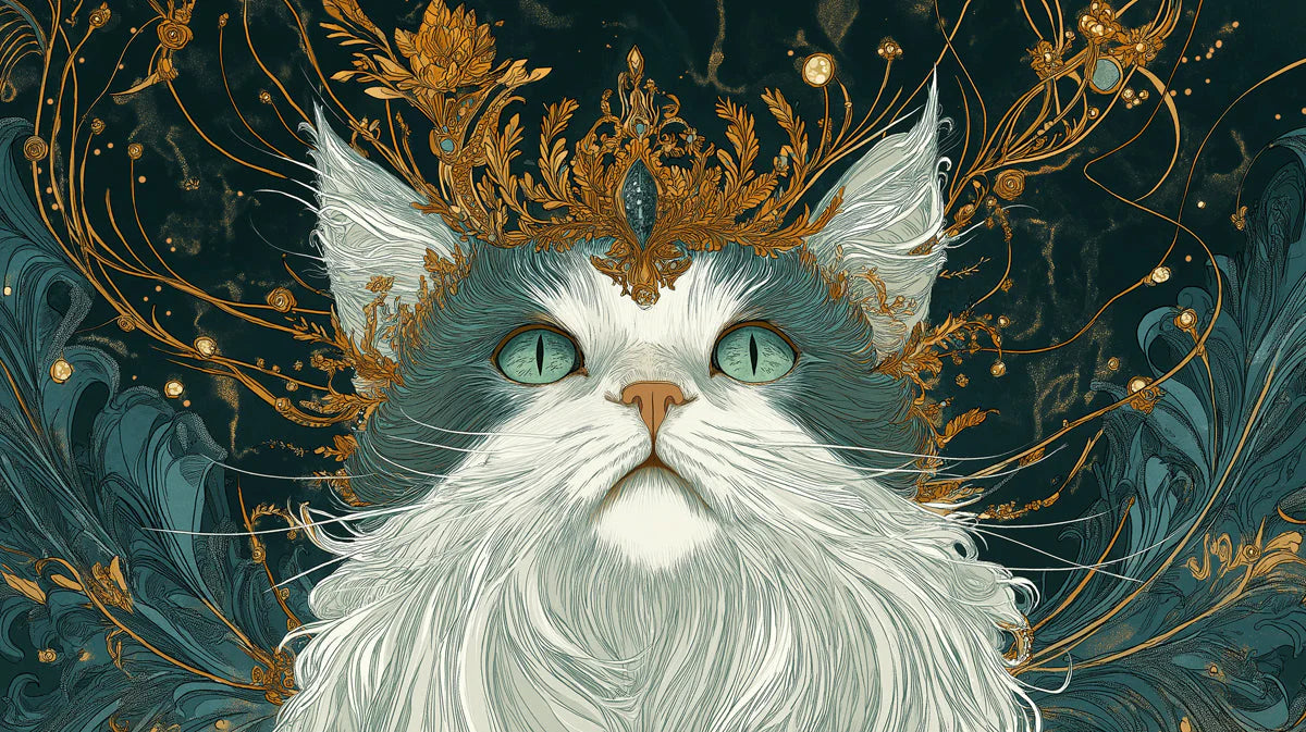 Regal Feline Mural Wallpaper — Deep Teal and Gilded Ornamentation Mural Wallpaper - room preview 02