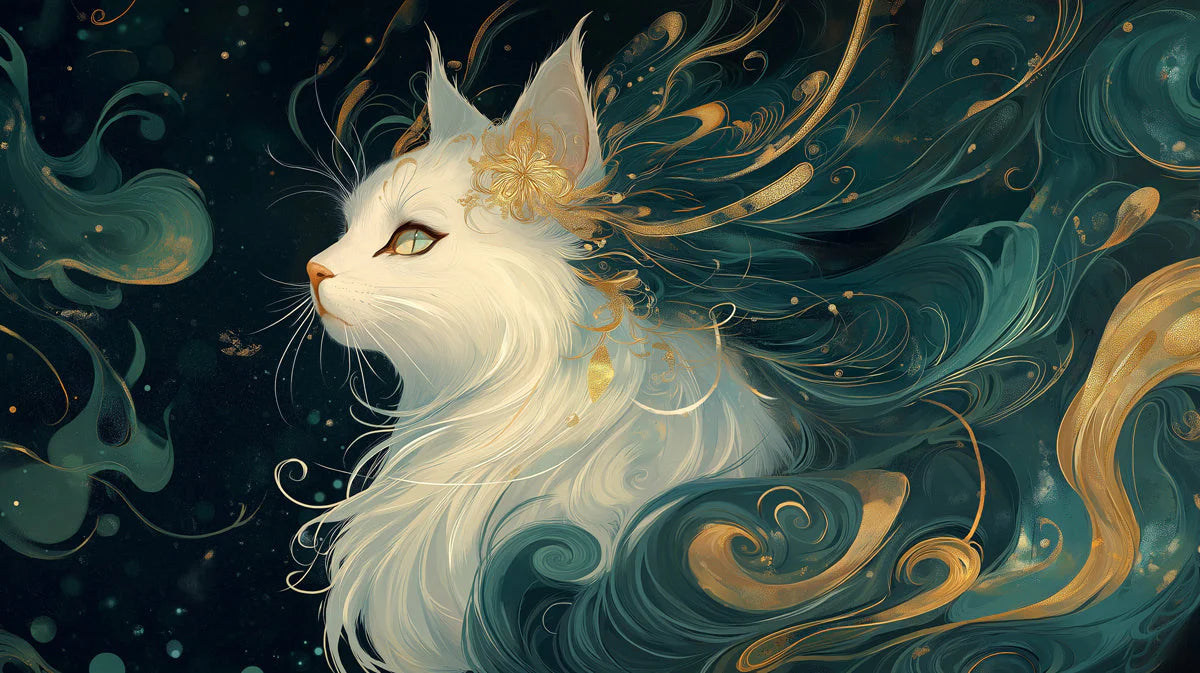 Celestial Cat Mural Wallpaper in Teal and Gold Swirls Mural Wallpaper - room preview 02