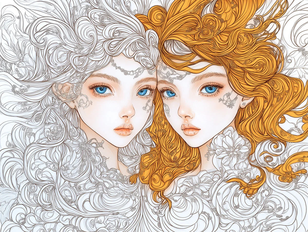 Gemini Duality Mural Wallpaper — Artistic Line Art Design Mural Wallpaper - room preview 02