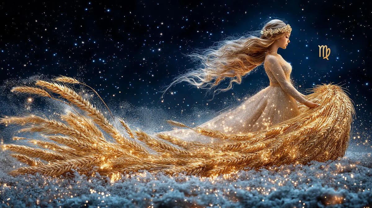Virgo Celestial Maiden Mural Wallpaper — Midnight Sky and Wheat Mural Wallpaper - room preview 02