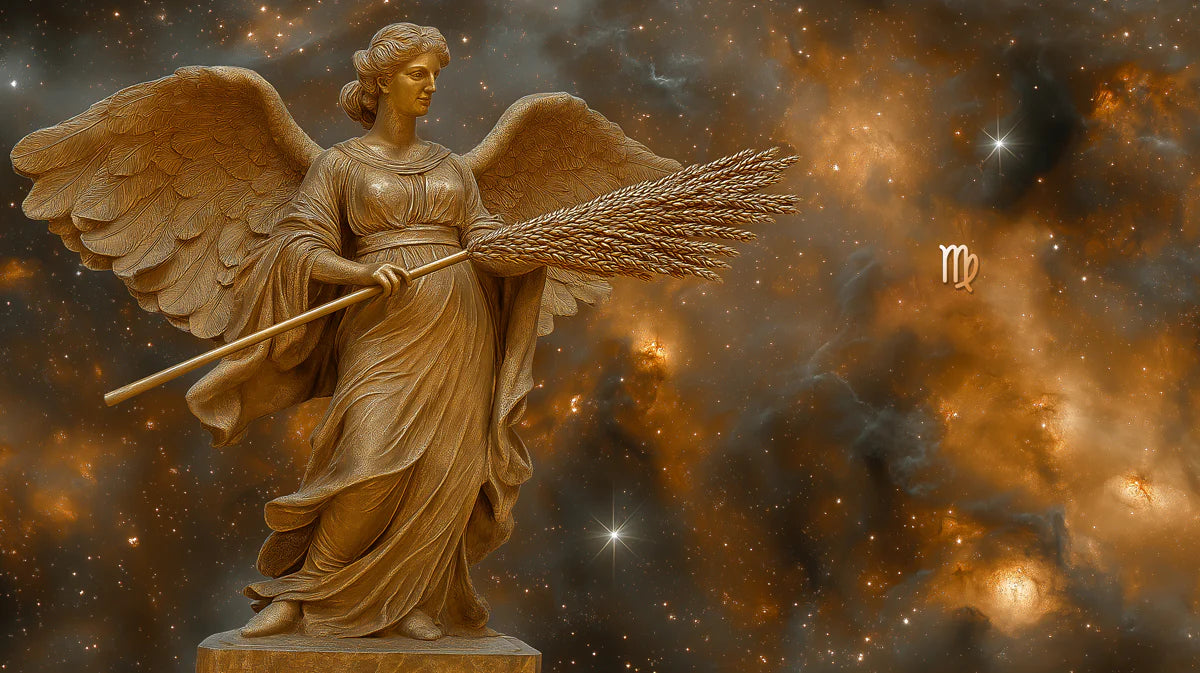 Virgo Celestial Maiden Mural Wallpaper — Golden Cosmic Design Mural Wallpaper - room preview 02