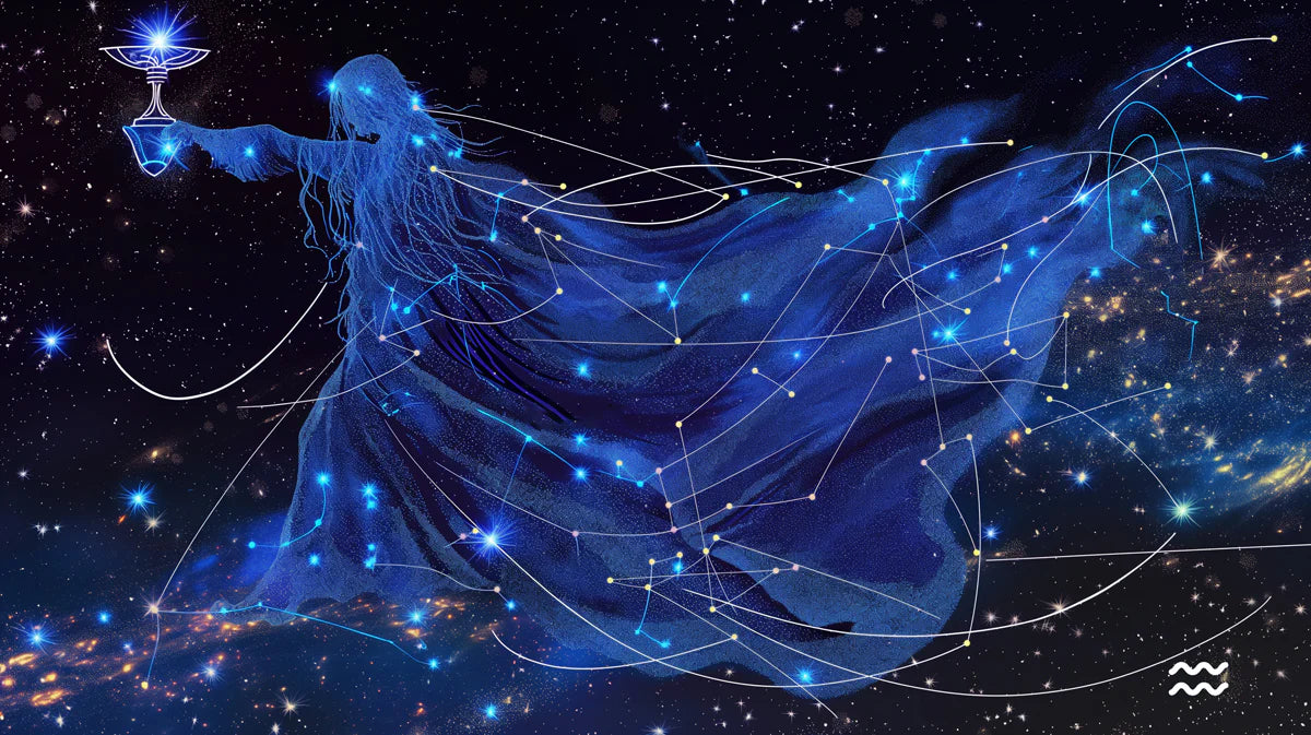 Aquarius Celestial Figure Mural Wallpaper — Cosmic Midnight Blue Mural Wallpaper - room preview 02