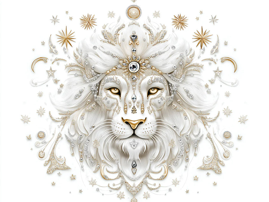 Celestial Wallpaper Mural – Stars & Moon Wall Mural – Celestial Leo Lion — Ornate Gold and White printable artwork