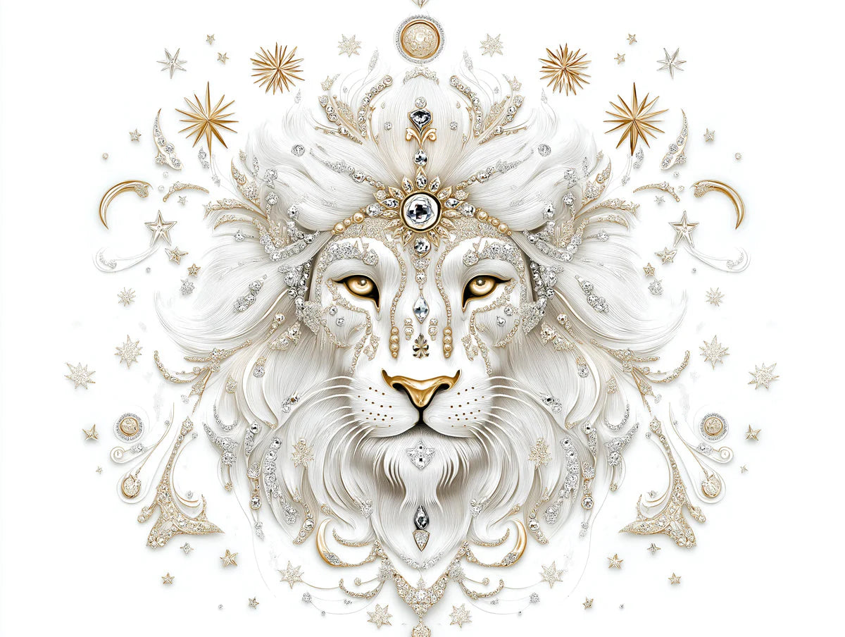 Celestial Leo Lion Mural Wallpaper — Ornate Gold and White Mural Wallpaper - room preview 02