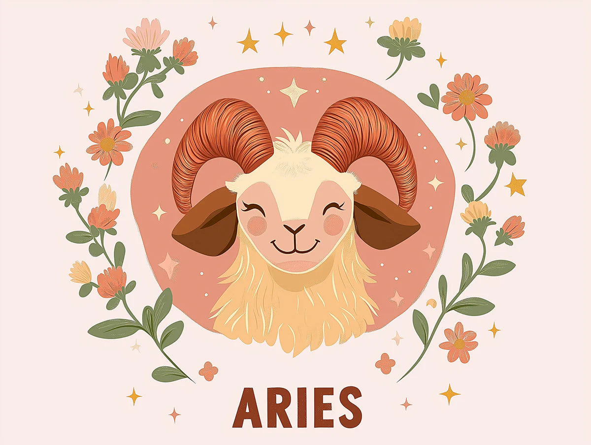 Aries Zodiac Floral Mural Wallpaper — Whimsical Ram Illustration Mural Wallpaper - room preview 02