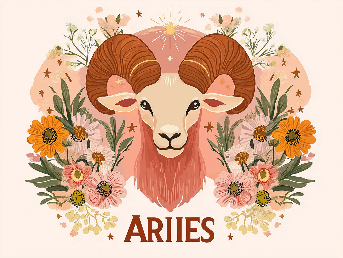 Aries Zodiac Floral Mural Wallpaper — Whimsical Ram Art Mural Wallpaper - room preview 02