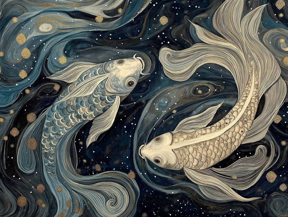 Celestial Koi Mural Wallpaper — Artistic Navy and Gold Swirls Mural Wallpaper - room preview 02