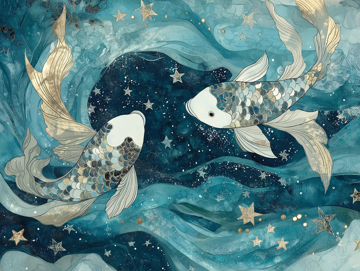 Celestial Koi Pisces Mural Wallpaper — Navy and Gold Aquatic Art Mural Wallpaper - room preview 02