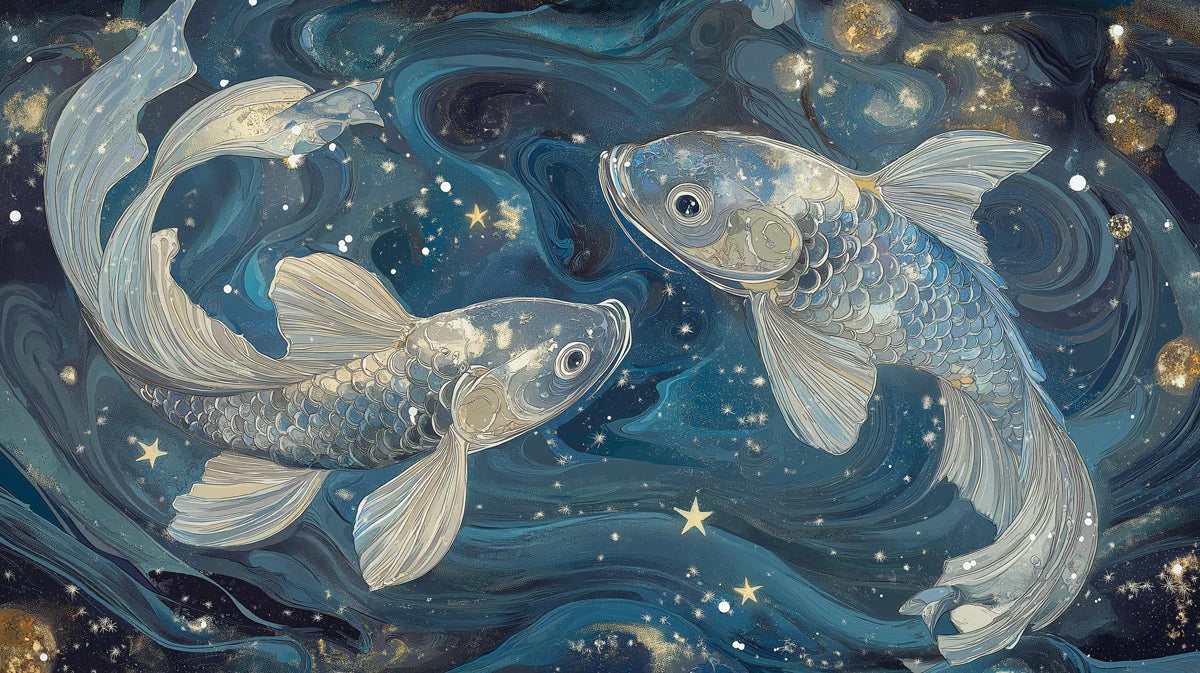 Pisces Cosmic Fish Mural Wallpaper — Deep Blue Celestial Art Mural Wallpaper - room preview 02