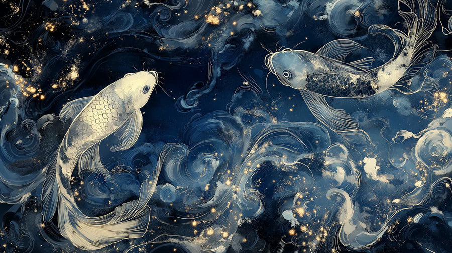 Celestial Wallpaper Mural – Stars & Moon Wall Mural – Pisces Celestial Koi — Deep Blue and Gold printable artwork