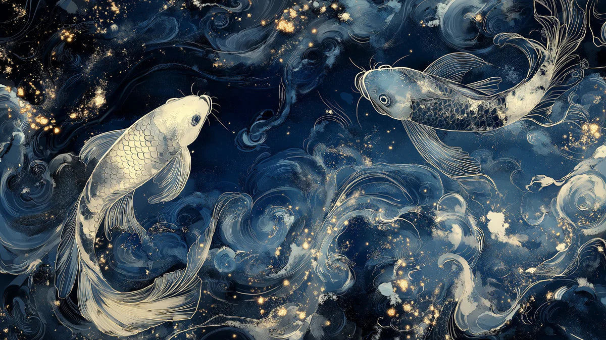 Pisces Celestial Koi Mural Wallpaper — Deep Blue and Gold Mural Wallpaper - room preview 02