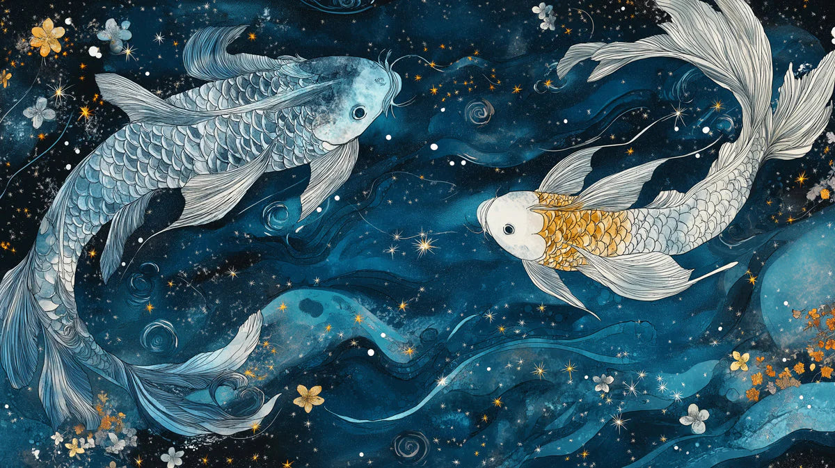 Celestial Koi Mural Wallpaper — Deep Blue Cosmic Fish Design Mural Wallpaper - room preview 02